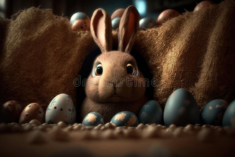 Illustration of the Easter Bunny with Eggs. Generation AI Stock