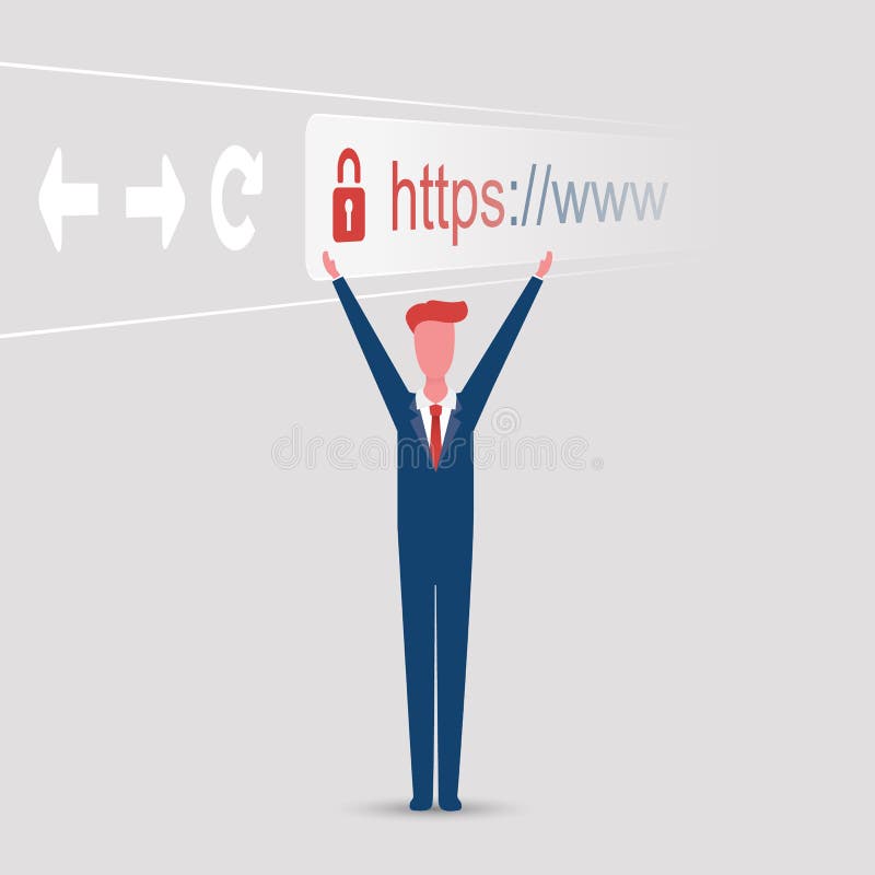 Browser Address Bar Showing Https Protocol - Secure Business Concept with Happy Standing Business Man, Arms Raised stock illustration