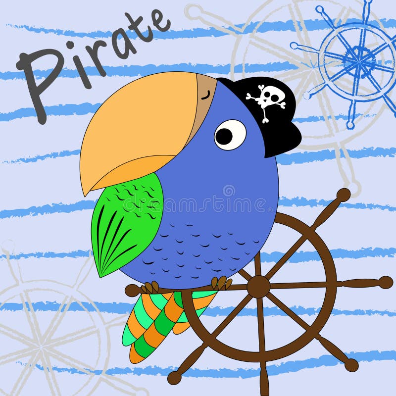 Illustration eines Karikaturpiratenpapageien mit einem Schiff ` s Rad Auch im corel abgehobenen Betrag Karikaturdruck stock abbildung Illustration eines Karikaturpiratenpapageien mit einem Schiff ` s Rad Auch im corel abgehobenen Betrag Karikaturdruck stock abbildung