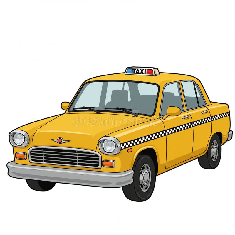 Illustration eines klassischen gelben Taxi-Autos mit karierter schwarz-weißer Streifen stock abbildung