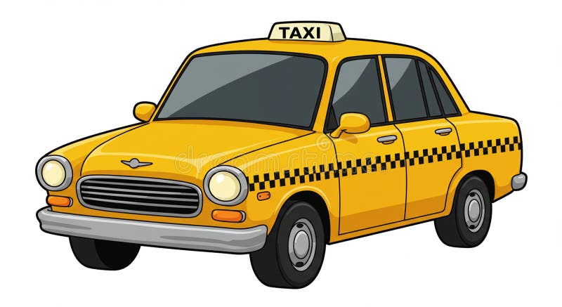 Illustration eines klassischen gelben Taxis. Das Auto weist einen markanten schwarzen Streifen auf lizenzfreie abbildung