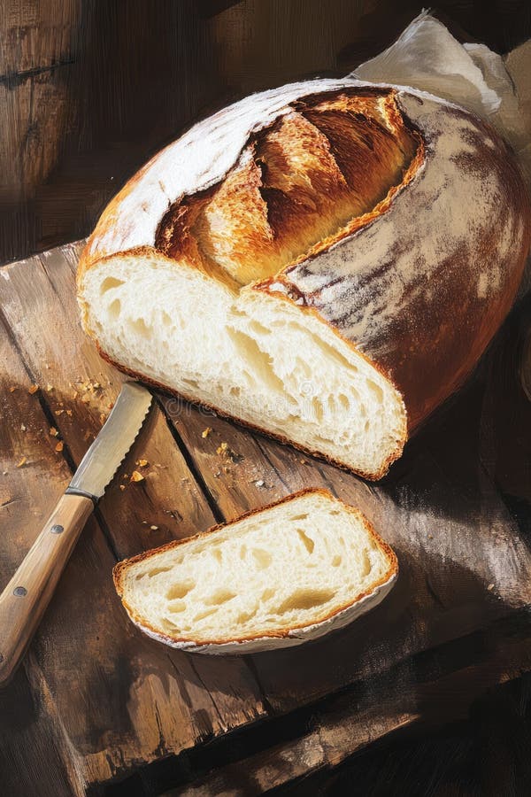 Illustration eines köstlichen frisch gebackenen Brotlaibs auf einem rustikalen Holztisch mit einer Scheibe lizenzfreie stockfotos