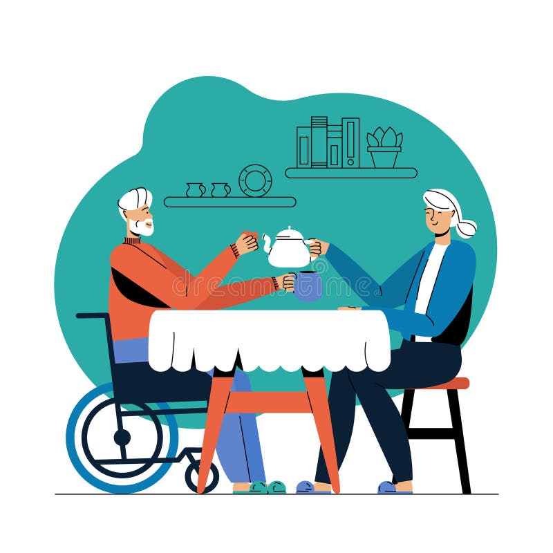 Elderly couple drinking tea at home. Smiling grey haired man sitting in wheelchair. Concept of aged and leisure in retirement. Cartoon flat vector illustration. Elderly couple drinking tea at home. Smiling grey haired man sitting in wheelchair. Concept of aged and leisure in retirement. Cartoon flat vector illustration