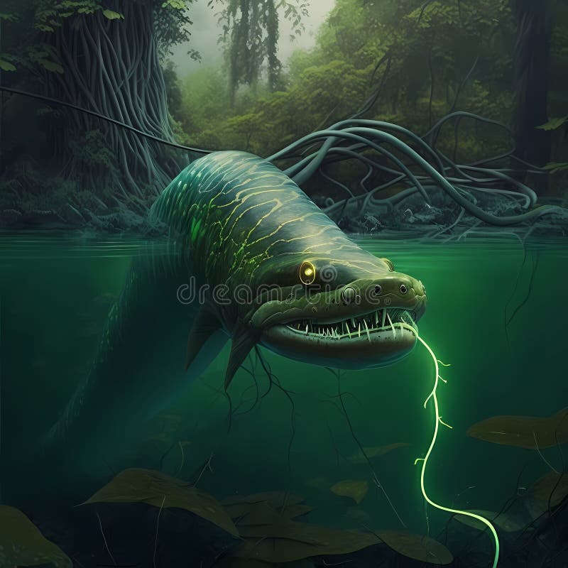 Electric Eel at Rainforest River. Generative AI Stock Illustration
