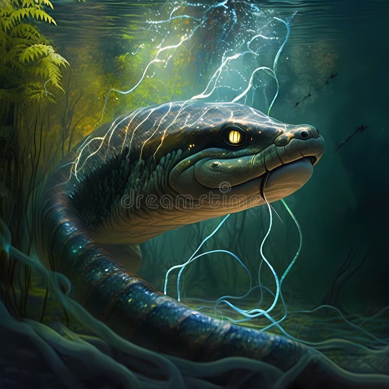 Electric Eel at Rainforest River. Generative AI Stock Illustration