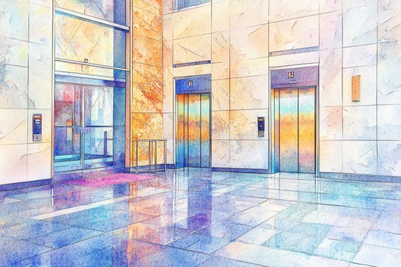 An illustration of an elevator interior in a modern building stock photo