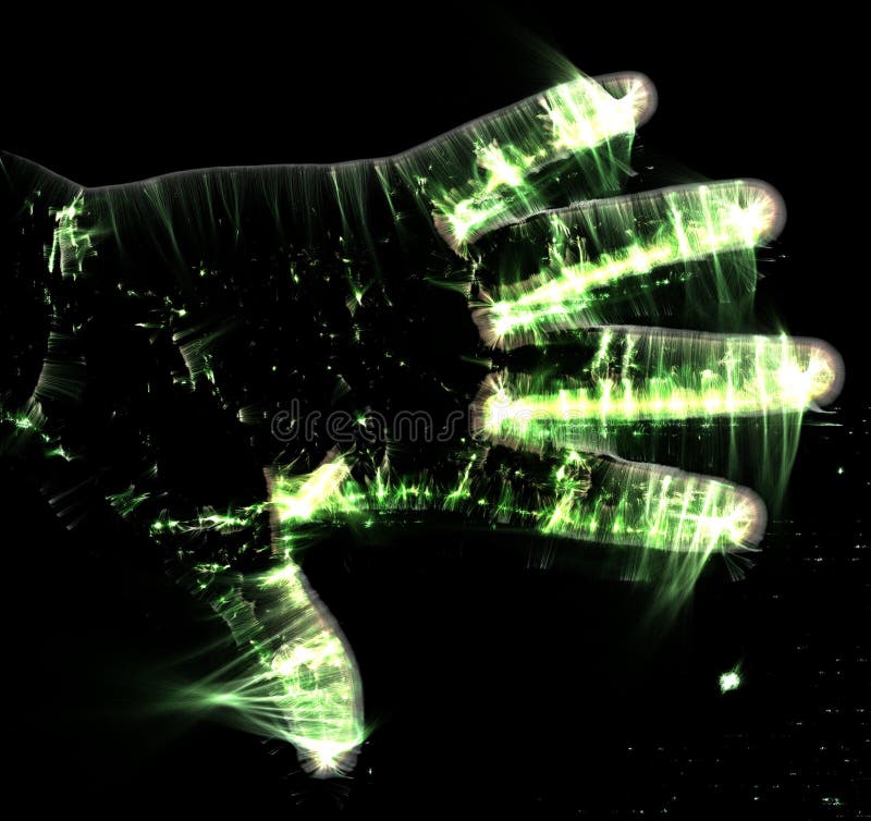 Illustration en 3D d'une main de femme humaine brillante avec une aura kirlienne verte montrant différents symboles illustration stock Illustration en 3D d'une main de femme humaine brillante avec une aura kirlienne verte montrant différents symboles illustration stock