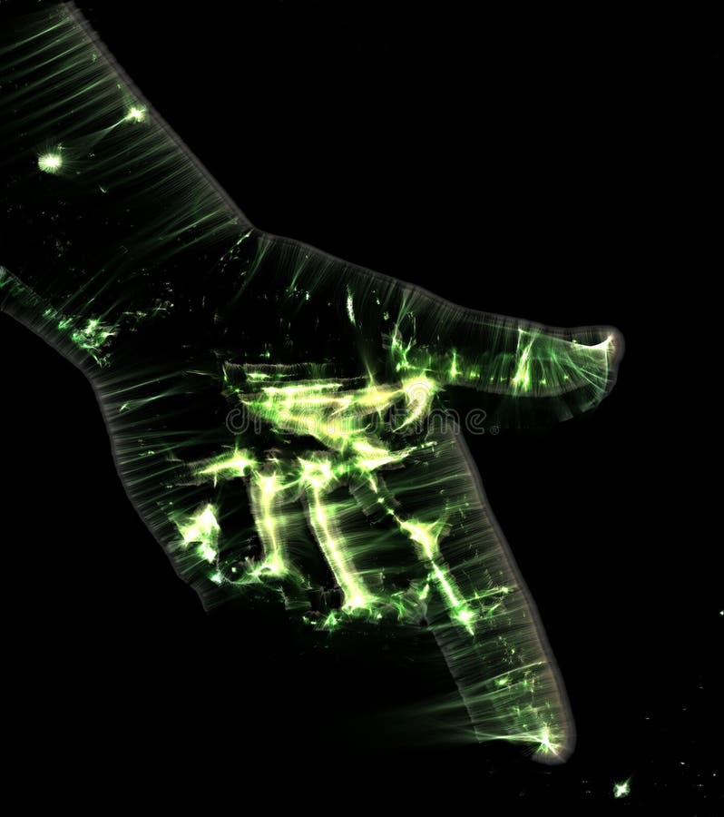 Illustration en 3D d'une main de femme humaine brillante avec une aura kirlienne verte montrant différents symboles illustration libre de droits Illustration en 3D d'une main de femme humaine brillante avec une aura kirlienne verte montrant différents symboles illustration libre de droits