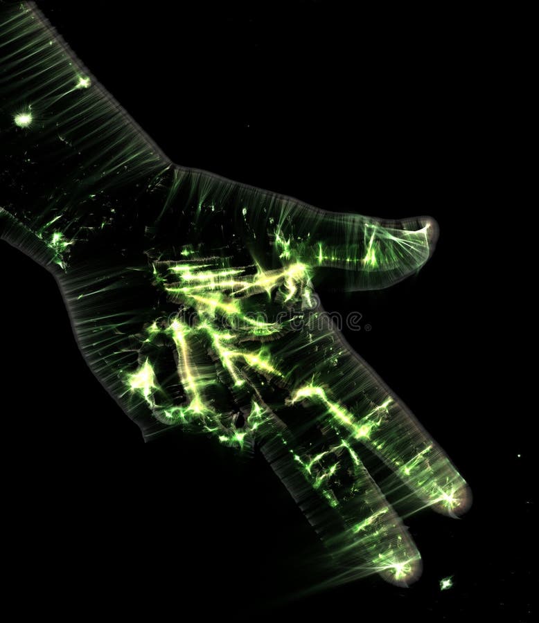 Illustration en 3D d'une main de femme humaine brillante avec une aura kirlienne verte montrant différents symboles illustration stock Illustration en 3D d'une main de femme humaine brillante avec une aura kirlienne verte montrant différents symboles illustration stock