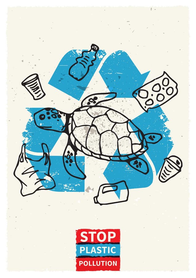 Illustration en plastique de vecteur de pollution d'océan d'arrêt avec la tortue illustration libre de droits Illustration en plastique de vecteur de pollution d'océan d'arrêt avec la tortue illustration libre de droits