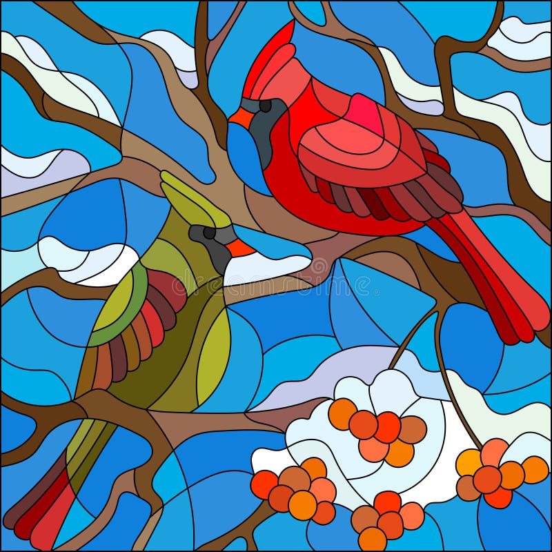 Illustration en verre souillé avec des cardinaux d'oiseaux sur la branche de la sorbe illustration libre de droits Illustration en verre souillé avec des cardinaux d'oiseaux sur la branche de la sorbe illustration libre de droits