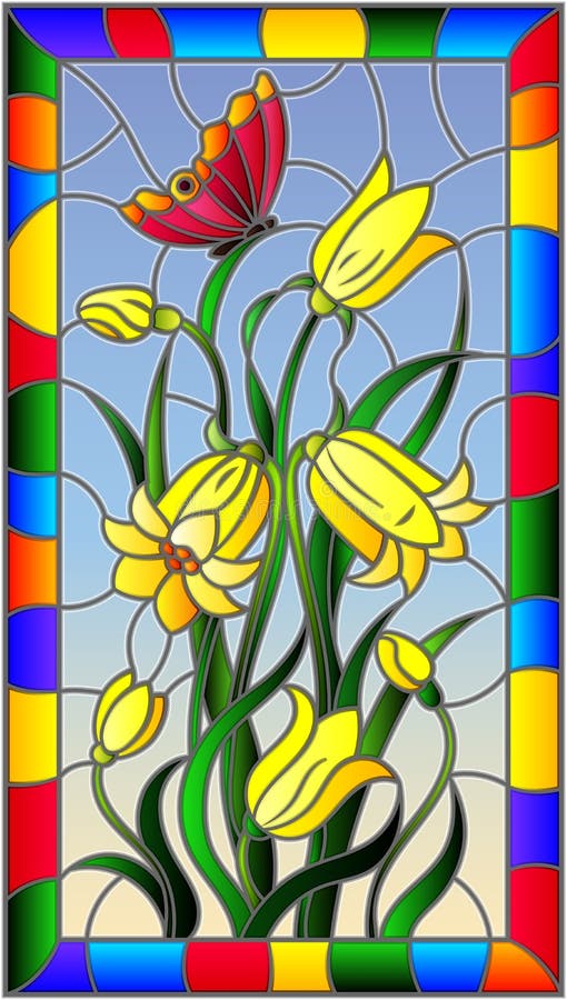 Illustration en verre souillé avec des feuilles et des fleurs de cloches, des fleurs jaunes et le papillon sur le fond de ciel da illustration de vecteur