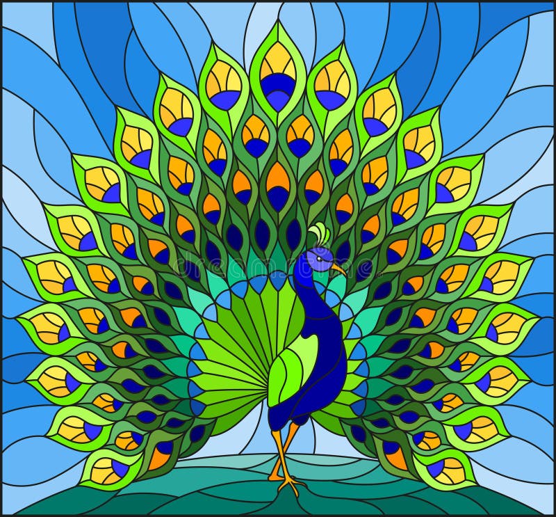 Illustration en verre souillé avec le paon coloré sur le ciel bleu illustration de vecteur Illustration en verre souillé avec le paon coloré sur le ciel bleu illustration de vecteur
