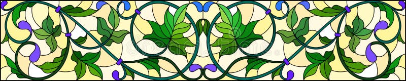 Illustration en verre souillée avec des remous verts abstraits et des feuilles sur un fond jaune, orientation horizontale illustration libre de droits Illustration en verre souillée avec des remous verts abstraits et des feuilles sur un fond jaune, orientation horizontale illustration libre de droits