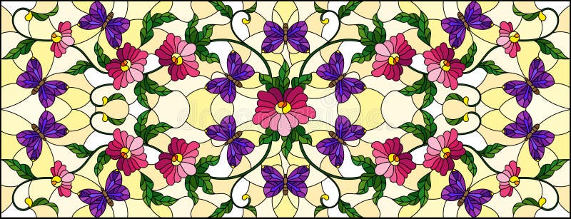 Illustration en verre souillée avec la fleur rose bouclée de résumé et un papillon pourpre sur le fond jaune, image horizontale illustration de vecteur Illustration en verre souillée avec la fleur rose bouclée de résumé et un papillon pourpre sur le fond jaune, image horizontale illustration de vecteur