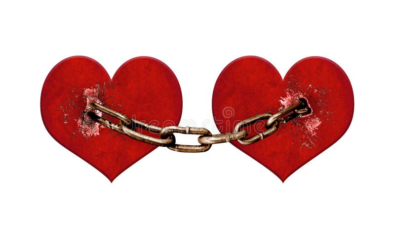 Love or jealosuy concept digital collage technique raster illustration of two hearts chained in white background. Love or jealosuy concept digital collage technique raster illustration of two hearts chained in white background