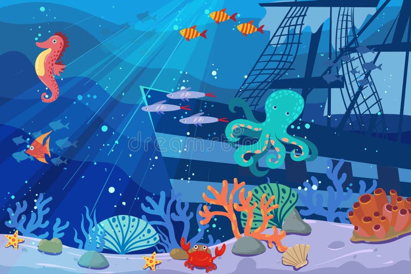 Illustration et vie sous-marines la beaut? de l'esp?ce marine poissons, algues et récifs coraliens, bateau, poulpe, beaux et illustration libre de droits Illustration et vie sous-marines la beaut? de l'esp?ce marine poissons, algues et récifs coraliens, bateau, poulpe, beaux et illustration libre de droits