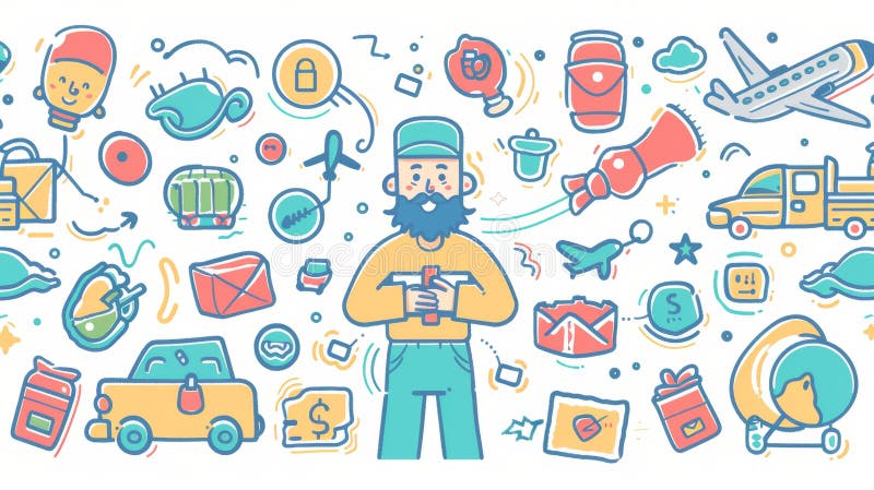An illustration of an express delivery service concept with a mailman holding a parcel with a bunch of shipping icons all around. Express transportation by air, ship, truck, modern web banner.. AI generated