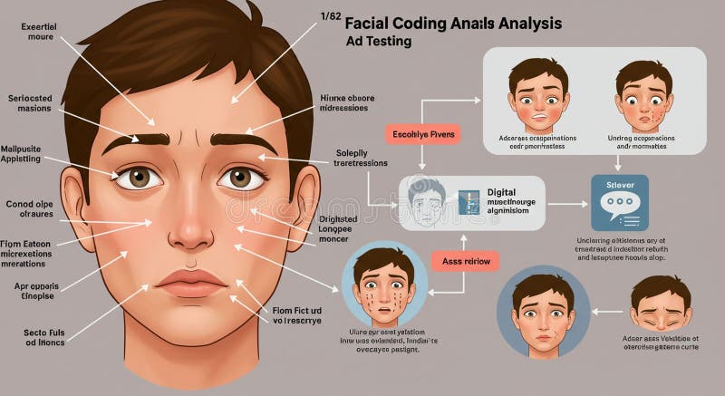 Illustration of a facial coding analysis diagram for ad testing, featuring a male face stock illustration