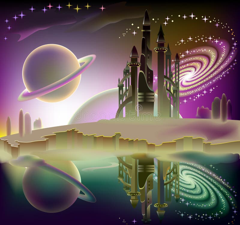 Illustration of fairyland space landscape with fantastic spaceship.