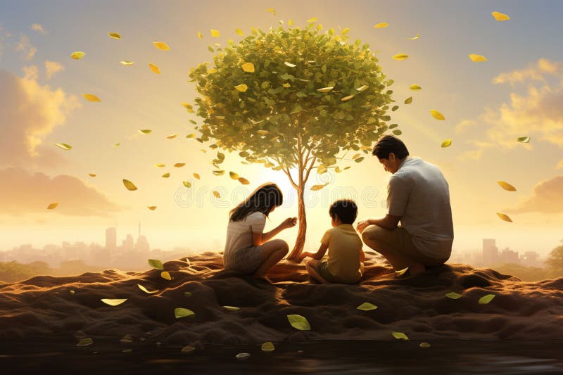 Illustration of a family planting a symbolic stock illustration