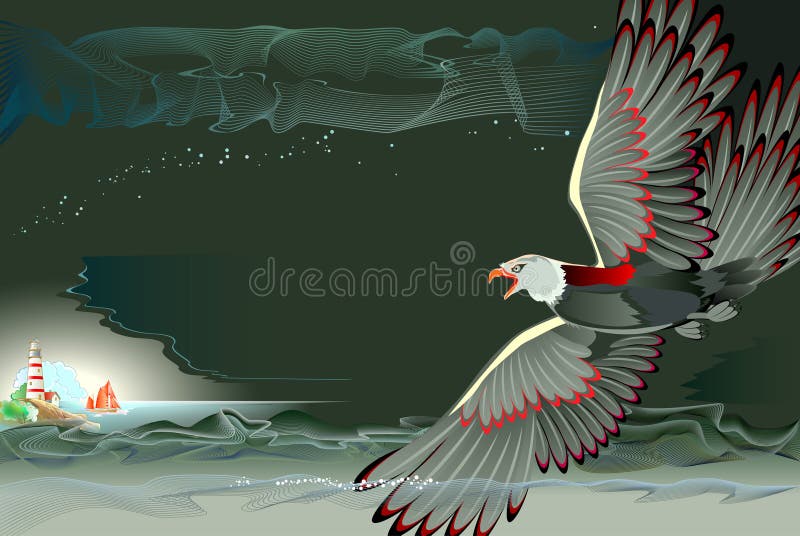 Illustration of fantastic fairy tale bird foreshadowing storm. Symbolic representation of approaching danger. Abstract background vector illustration