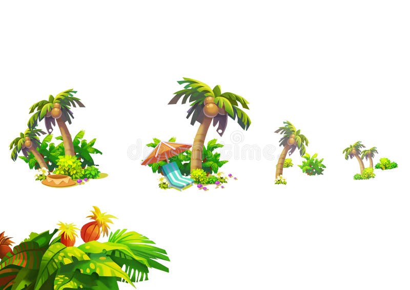 Illustration: Fantastisk tropisk strandbeståndsdeluppsättning 3 Kokosnöt, blomma, växtgrupp etc. vektor illustrationer
