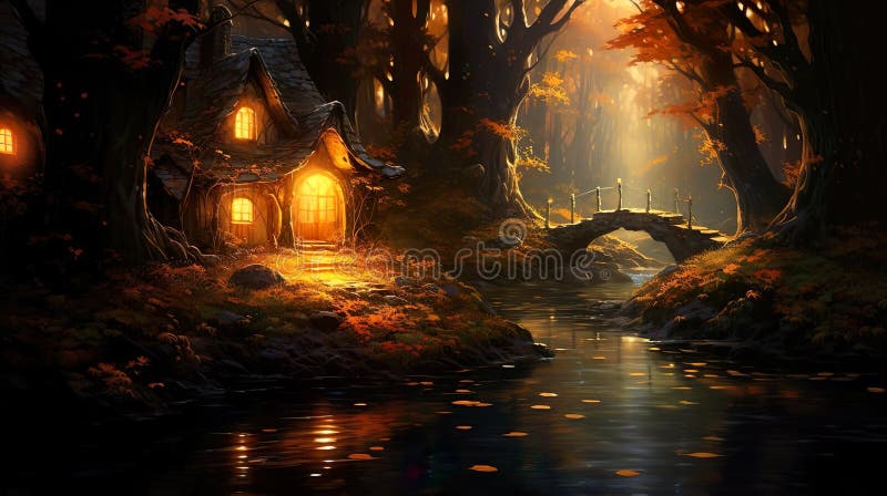 Illustration Fantasy of house in the wood with light around it