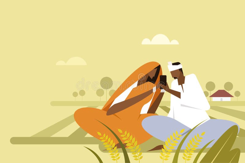 Indian farmer couple using a mobile phone in the agricultural field vector illustration