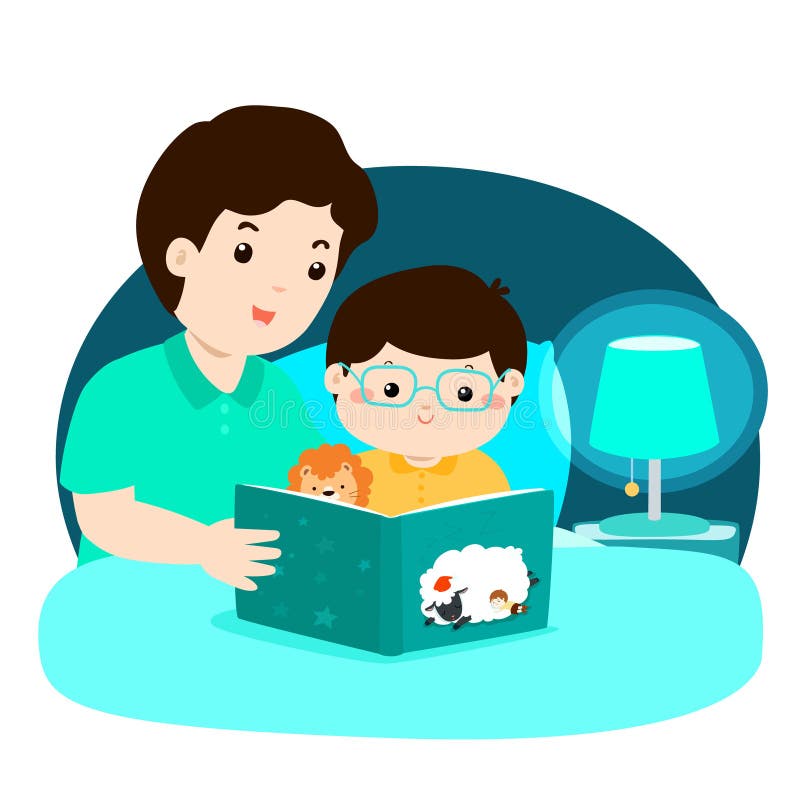 A illustration of a father reading a bedtime story to his son. Dad and son are in bed at night atmosphere under the light of lamp.