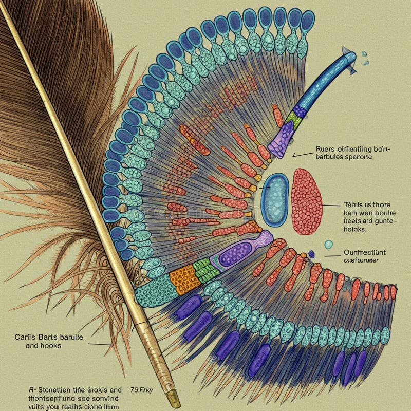 Illustration of a feather\'s microscopic structure, highlighting barbules and hooks. The stock illustration