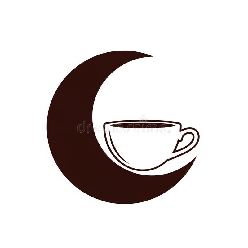 Illustration features a crescent moon with a stylized coffee cup stock illustration
