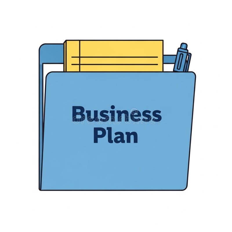 Illustration features a light blue folder labeled Business Plan in dark vector illustration
