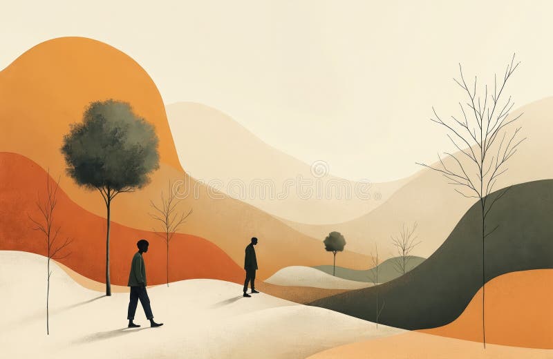 Illustration features two figures, serene landscape. Trees, rolling hills. Soft color palette evokes calm mood. Simple shapes
