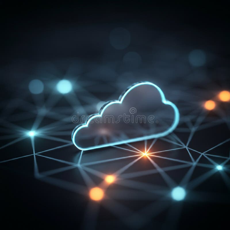 Cloud Illustration with Wireframe Outline and Glowing Nodes for Digital Network Concepts royalty free illustration.