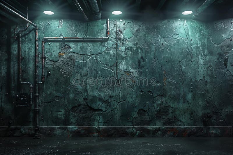 Featuring a dark wall background with spotlight, concrete floor and pipes, industrial style, high resolution, hyper realistic stock illustration