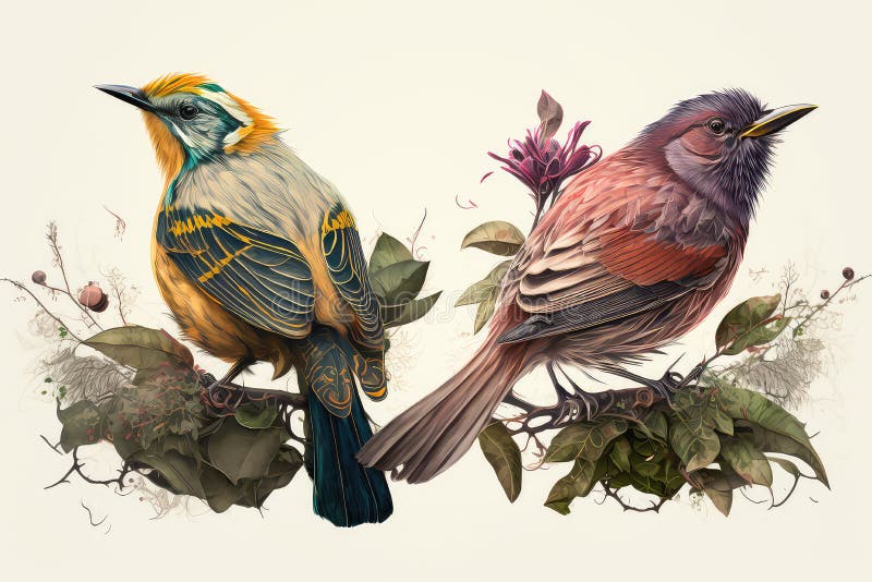 Illustration of Two Birds, Yellow and Red, in a Cream Background