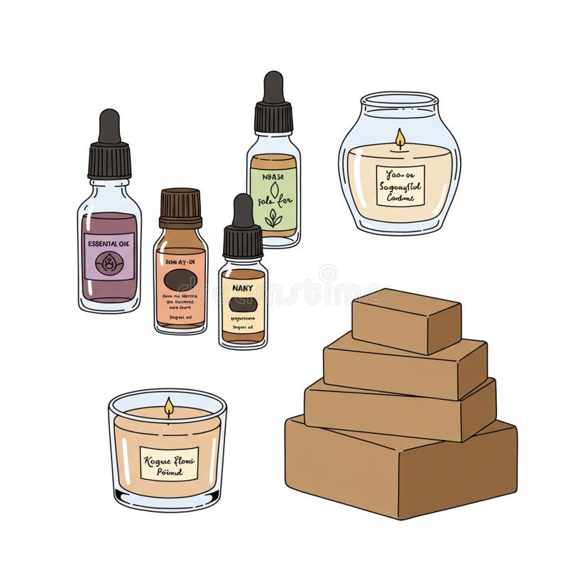 Illustration featuring a variety of self-care items. Five dropper bottles with labels vector illustration