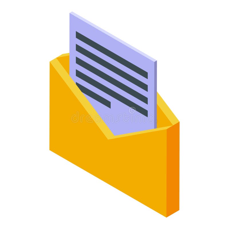 Yellow mail envelope with letter sticking out isometric view vector illustration