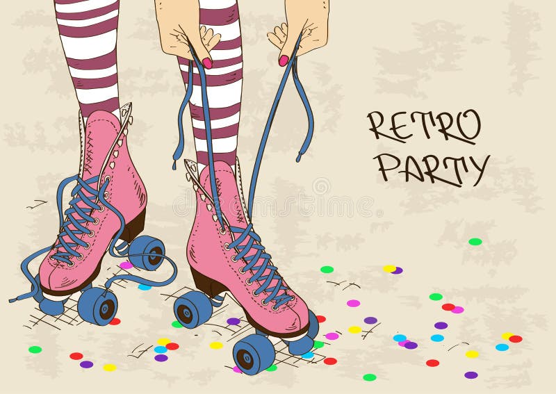 Illustration with female legs in retro roller skates