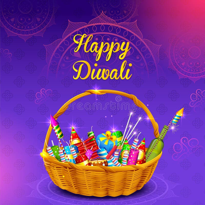 Firecracker in basket for gift on Happy Diwali Holiday background for light festival of India vector illustration Firecracker in basket for gift on Happy Diwali Holiday background for light festival of India vector illustration