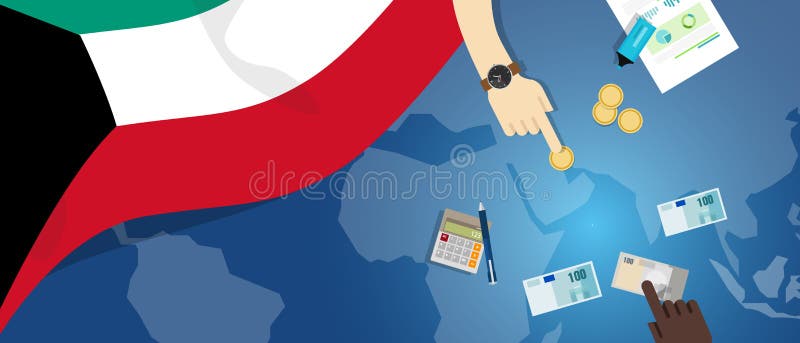 Kuwait economy fiscal money trade concept illustration of financial banking budget with flag map and currency vector. Kuwait economy fiscal money trade concept illustration of financial banking budget with flag map and currency vector