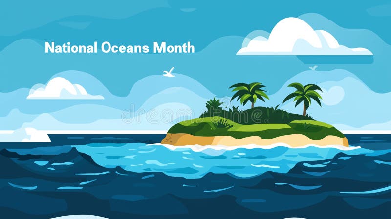 Illustration flaches Design fett Farben kleine Insel im Ozean Kreuzung Ansicht Text National Oceans Monat. Hintergrund- oder Mockup-Abbildung.