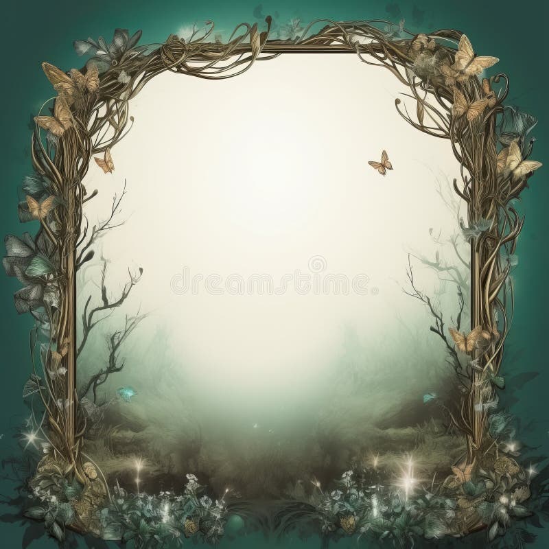 an illustration of a forest frame with butterflies and flowers generative ai