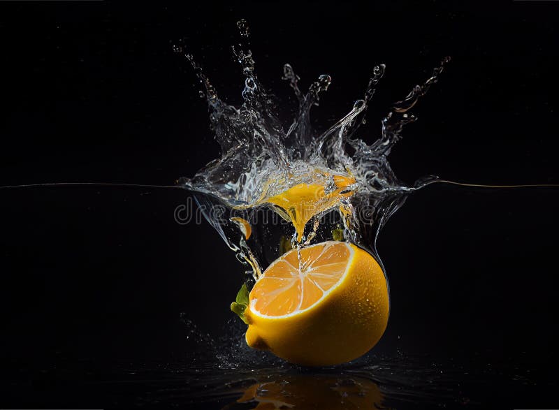 Illustration, Fresh Lemon Fruit Dropping into Water. (Created with