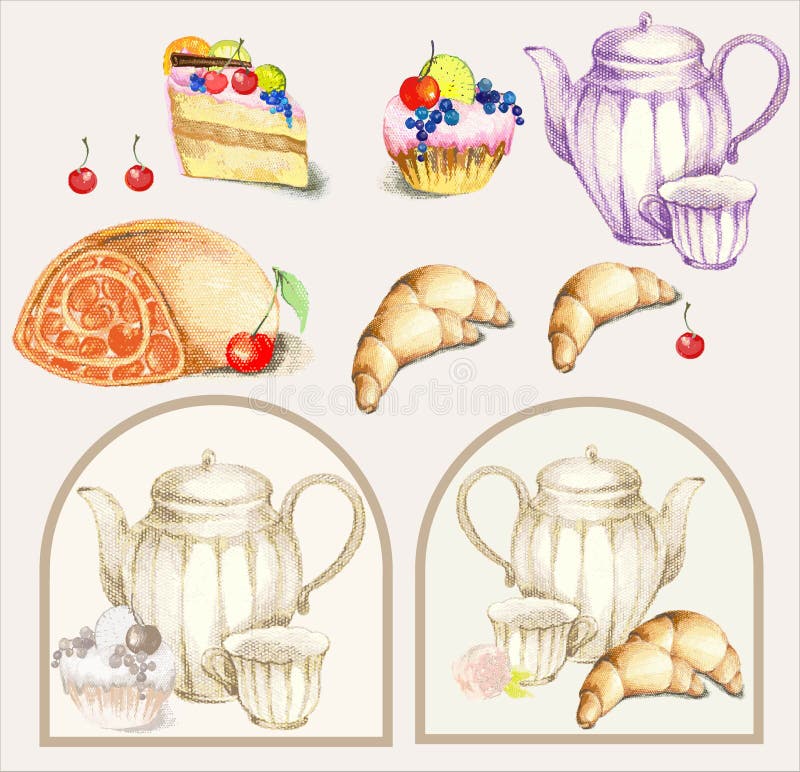 Illustration of a fruitcake and pie and croissant