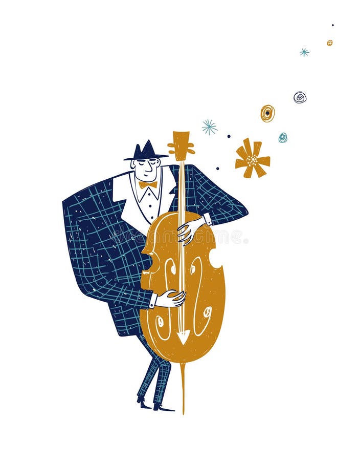 Illustration with funny isolated double bass player vector illustration