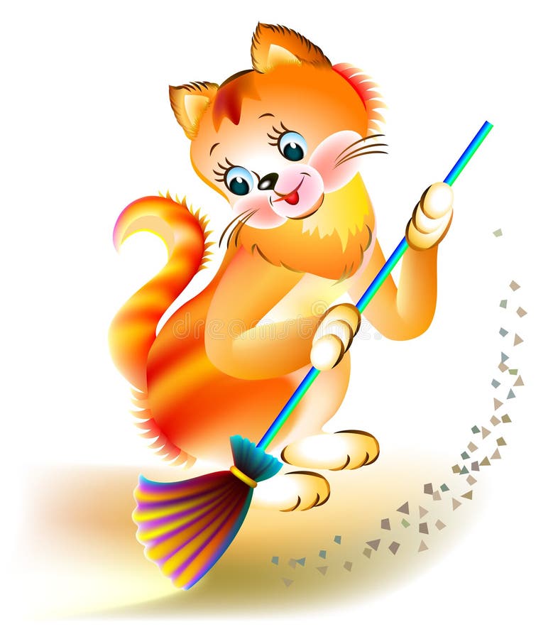 Sweeping The Floor With Cat Stock Vector Illustration of clean
