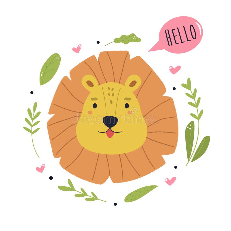 Illustration of a funny lion saying HELLO. Vector composition with floral elements vector illustration
