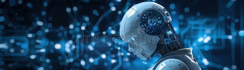 Illustration of a futuristic AI icon with circuitry elements, showcasing the connection between robotics and digital technology. Generative AI
